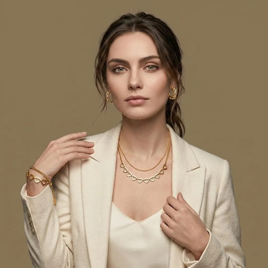 Woman wearing the gold Forever Lovers jewelry set, waterproof necklace, bracelet, and earrings