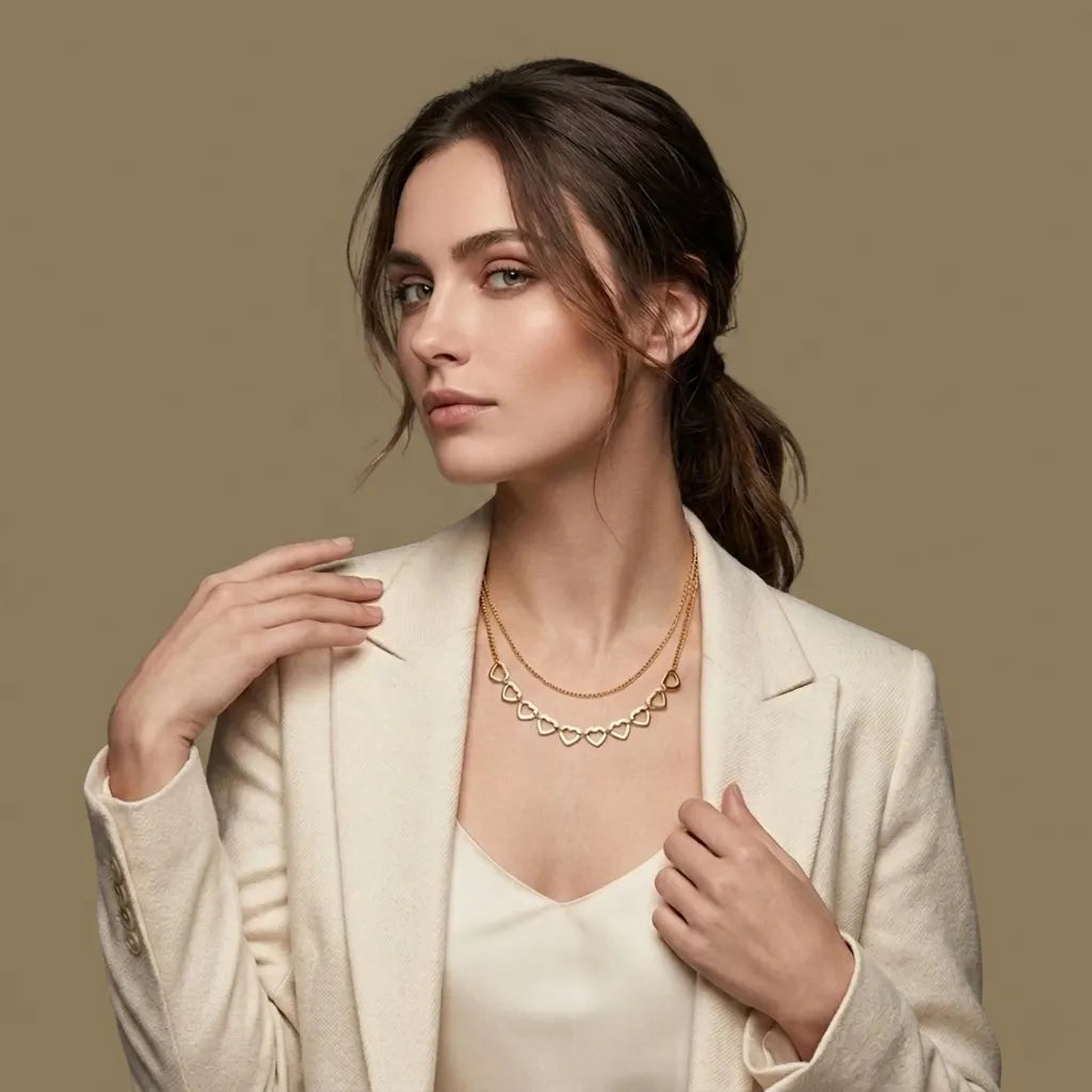 Woman in a beige blazer wearing the gold Forever Lovers heart necklace, waterproof jewelry