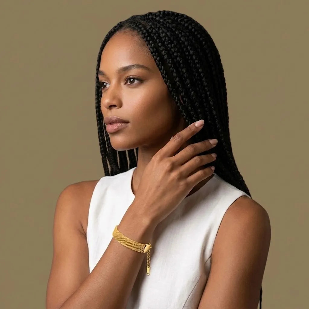 Woman wearing the gold mesh chain bracelet, waterproof minimalist jewelry