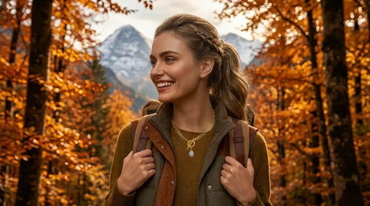 Raline Bergemann 316L stainless steel jewelry Switzerland — woman hiking Bernese Oberland autumn wearing hypoallergenic tarnish-free gold necklace