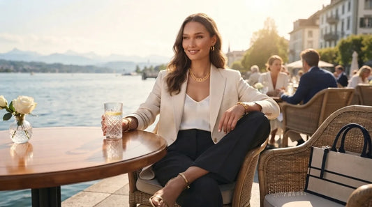 Raline Bergemann Daily Glow waterproof gold jewelry Switzerland — active woman wearing 18K PVD bracelet and earrings gym to office lifestyle Zürich