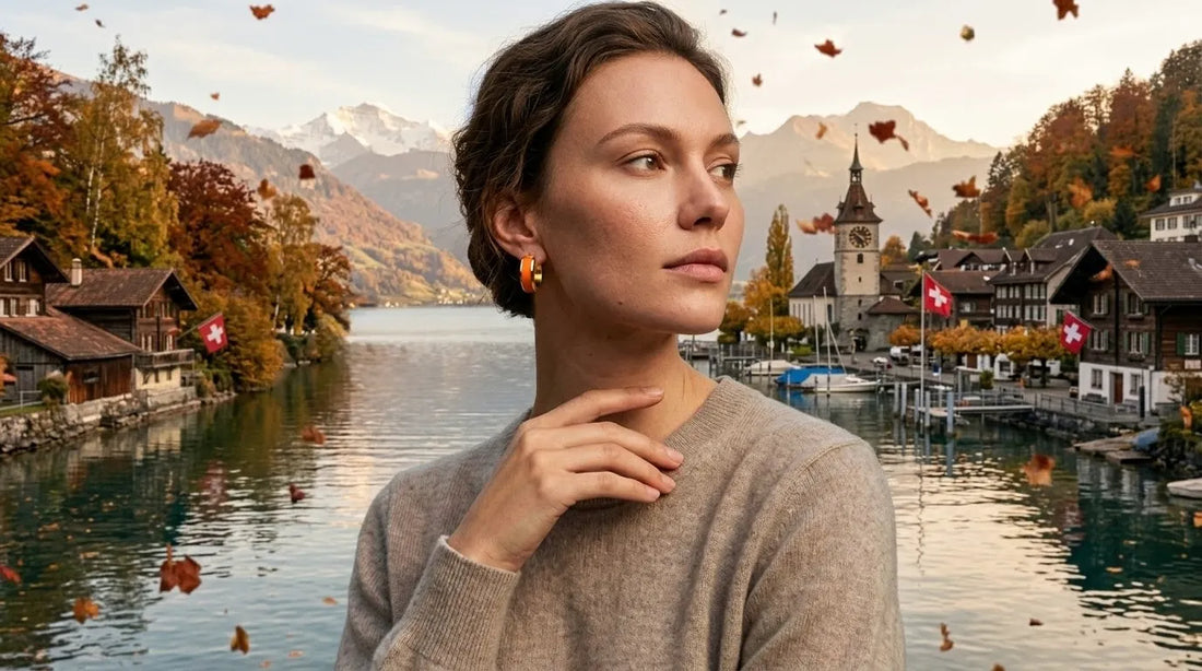 Raline Bergemann Sunset Lagoon Huggies 18K gold PVD orange enamel waterproof earrings autumn 2026 Switzerland style guide
