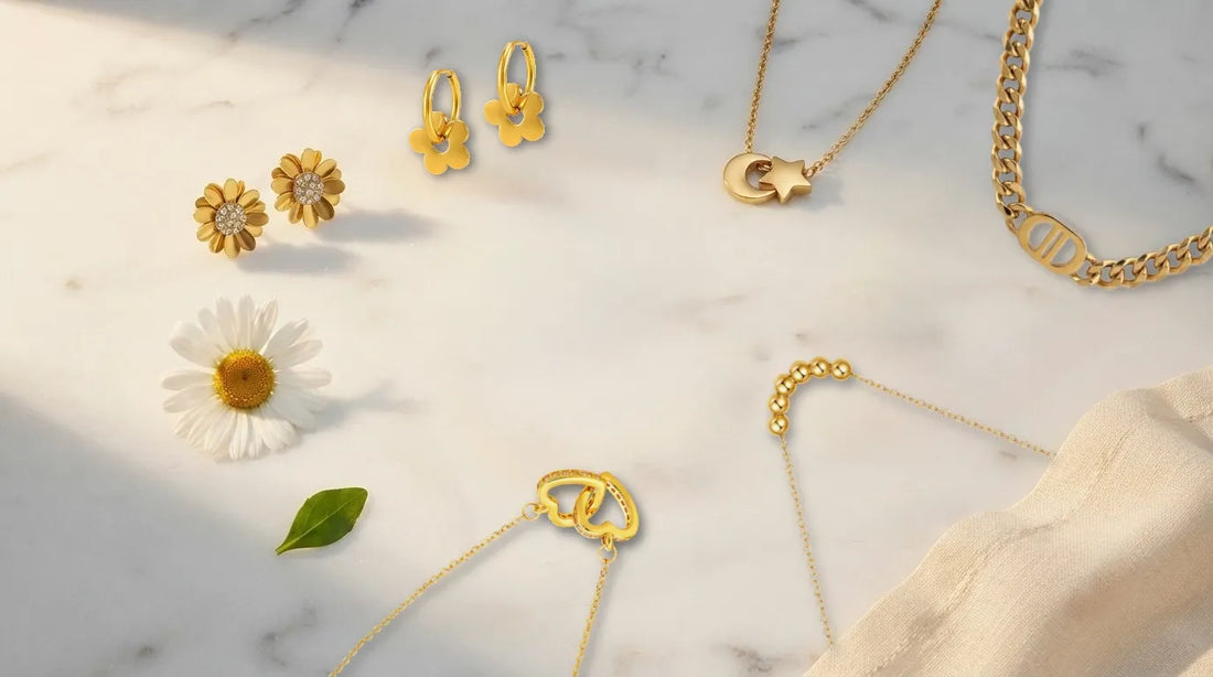 Raline Bergemann waterproof jewelry Switzerland lakes rivers — woman wearing gold jewelry Forever Flowers Lucky Charms swimming Zürichsee