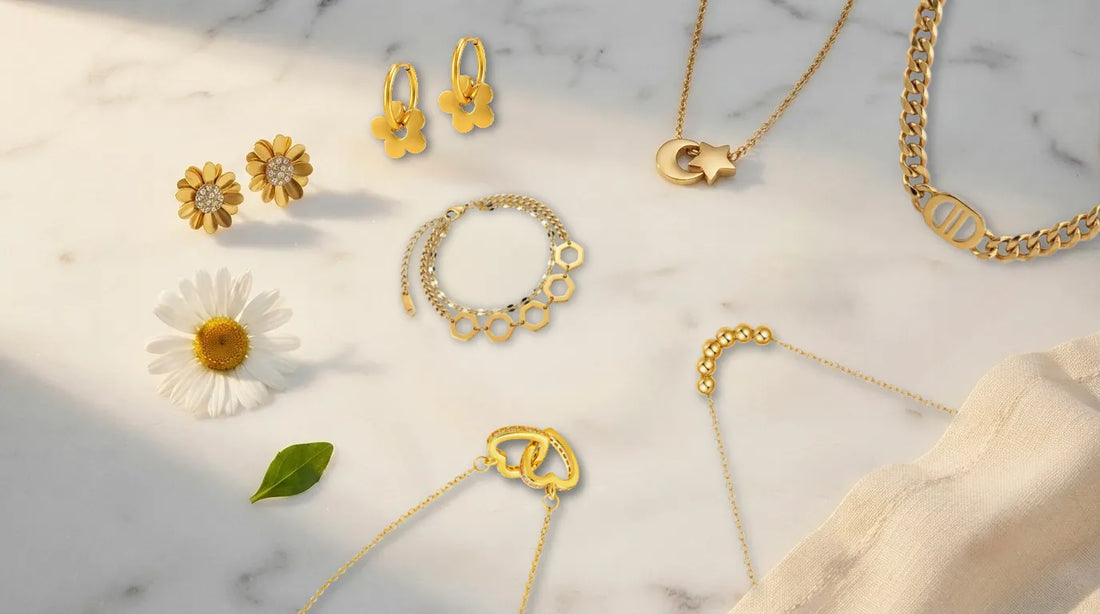 Raline Bergemann waterproof jewelry Switzerland lakes rivers — woman wearing gold jewelry Forever Flowers Lucky Charms swimming Zürichsee