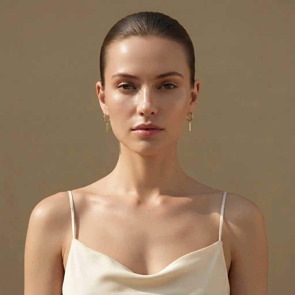 Woman wearing 18K gold PVD waterproof drop hoop earrings by Raline Bergemann, Switzerland