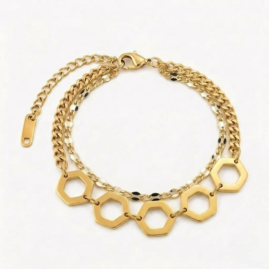 Alvéole hexagon chain bracelet, 18K gold PVD waterproof stainless steel jewelry