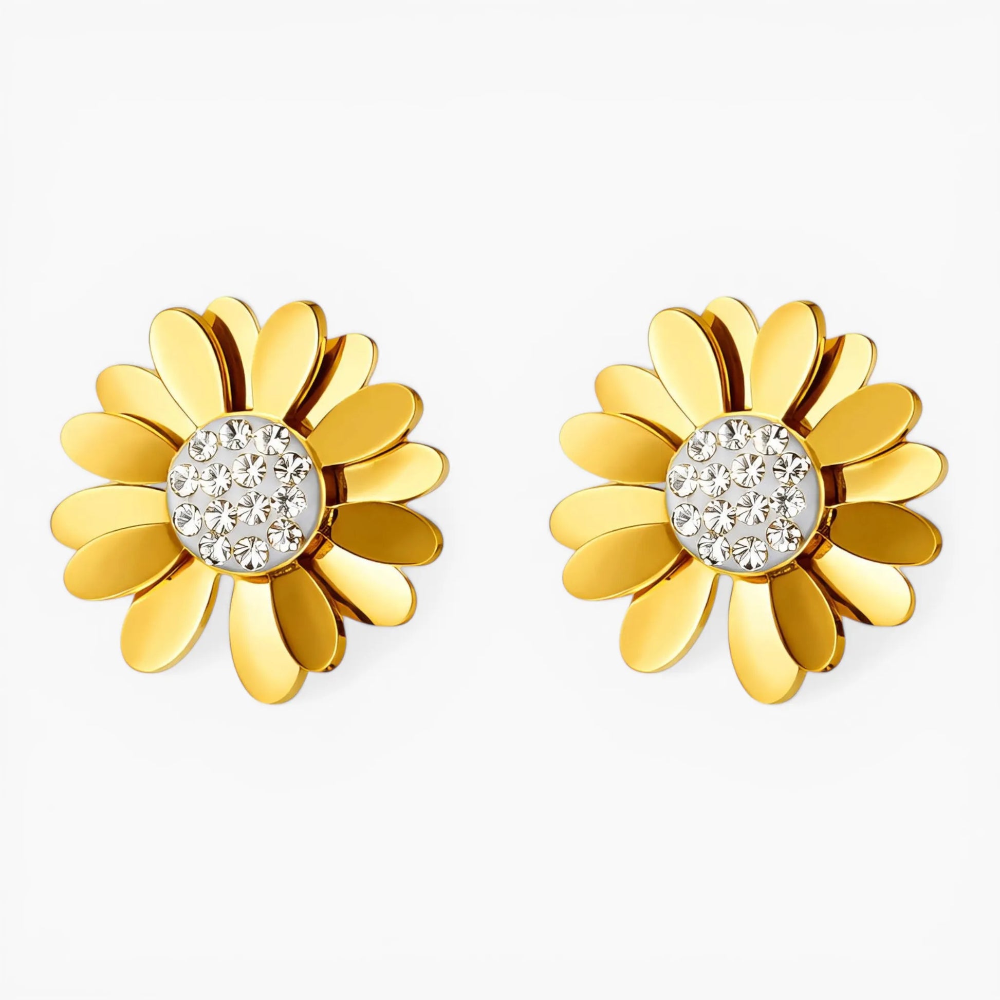 Daisy Flower Crystal Earrings gold coloured on white background