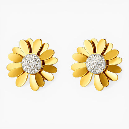 Daisy Flower Crystal Earrings gold coloured on white background