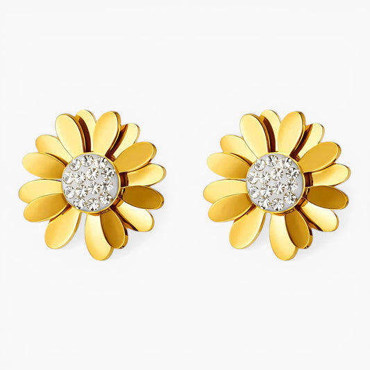 Daisy Flower Crystal Earrings gold coloured on white background