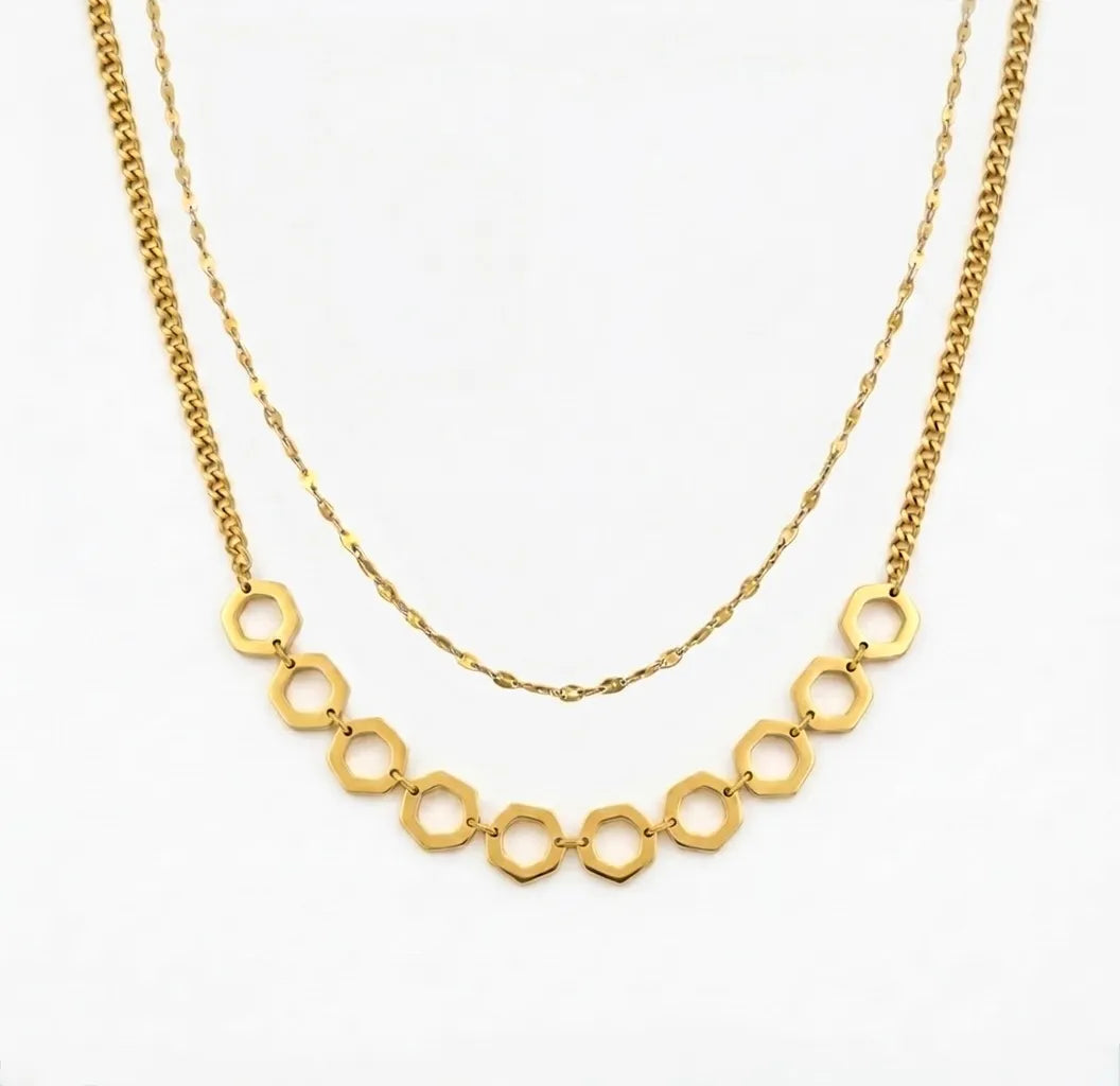 Double Layers Hexagon Shaped Golden Necklace 18K on a white background