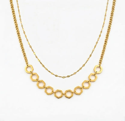 Double Layers Hexagon Shaped Golden Necklace 18K on a white background