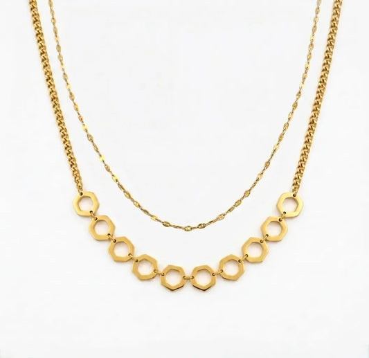 Double-layer hexagon geometric necklace, 18K gold PVD waterproof stainless steel jewelry