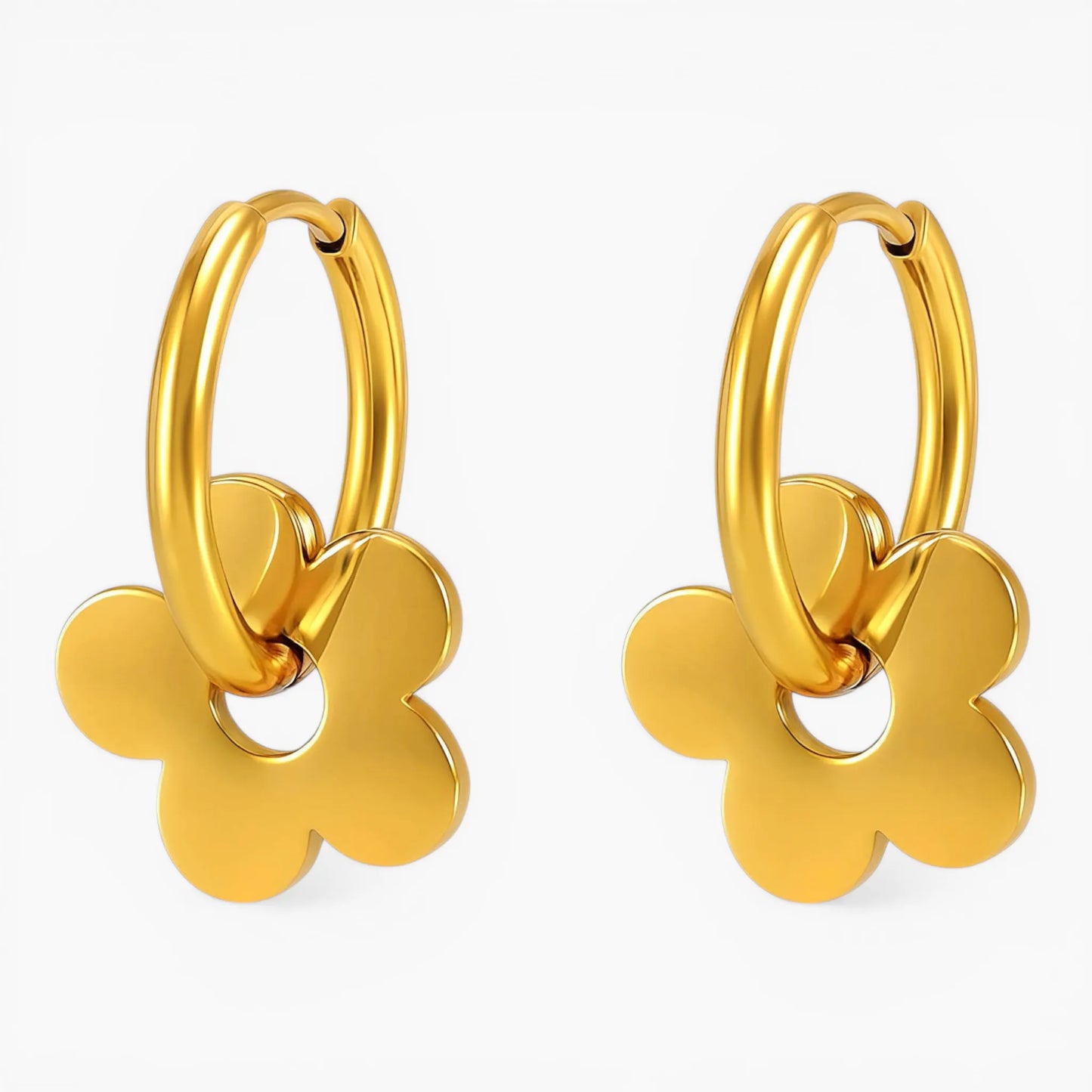 Flower charm hoop earrings, 18K gold PVD waterproof stainless steel floral jewelry