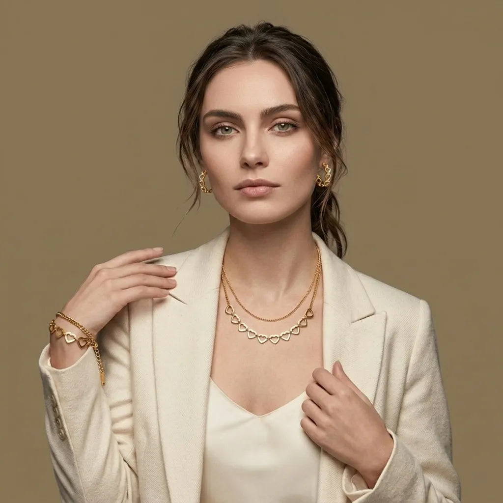 Woman wearing the gold Forever Lovers jewelry set, waterproof necklace, bracelet, and earrings