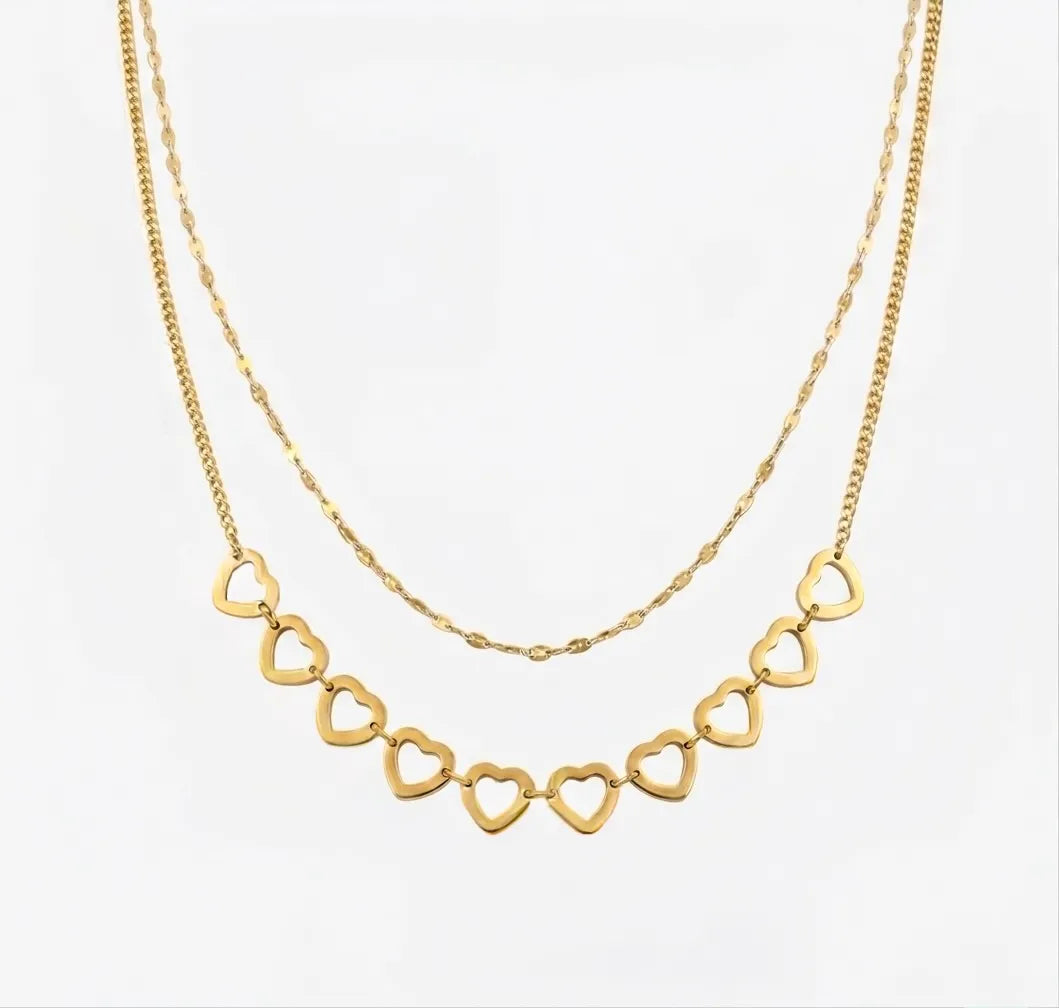Forever Lovers double-layered heart necklace, 18K gold PVD waterproof stainless steel jewelry