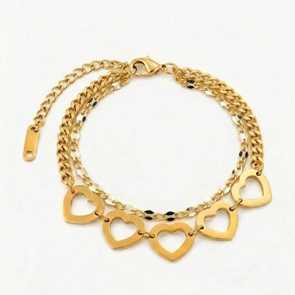 Forever Lovers heart bracelet with five heart links, 18K gold PVD waterproof jewelry