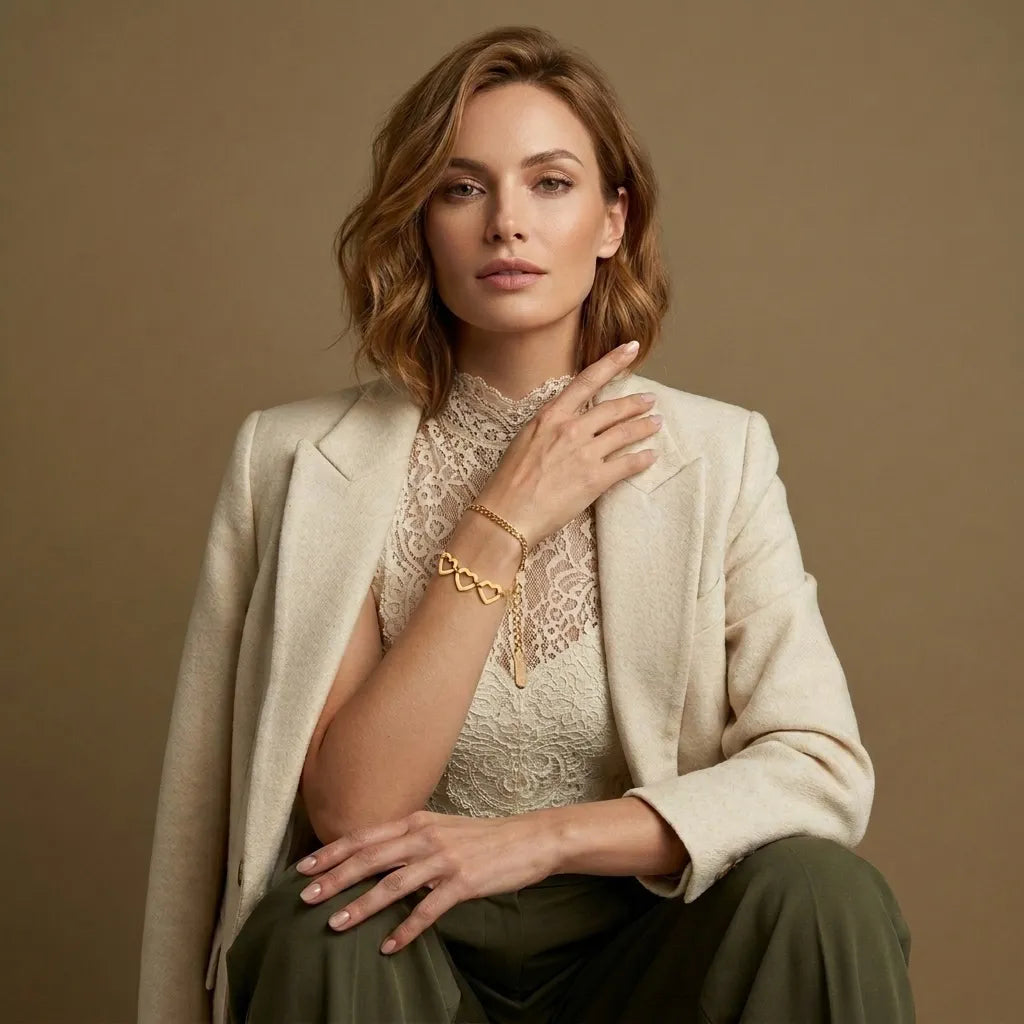 Woman in a beige blazer wearing the gold Forever Lovers heart bracelet, waterproof jewelry