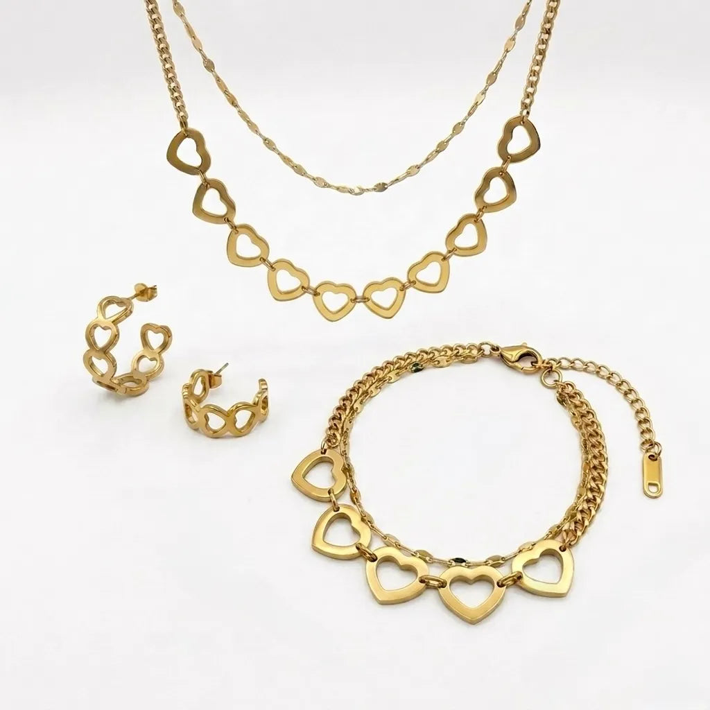 Forever Lovers heart-shaped jewelry set, 18K gold PVD waterproof necklace, bracelet, and earrings