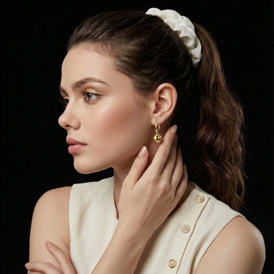 Ball Drop Hoop Earrings Waterproof 18K PVD Gold-coloured