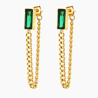 Green Emerald Zirconia Chain Drop Earrings 18K PVD Gold Finish