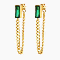 Green Zirconia Chain Drop Earrings 18K PVD Gold Finish Waterproof