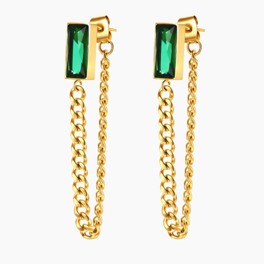 Gold chain earrings with green gemstones on a white background