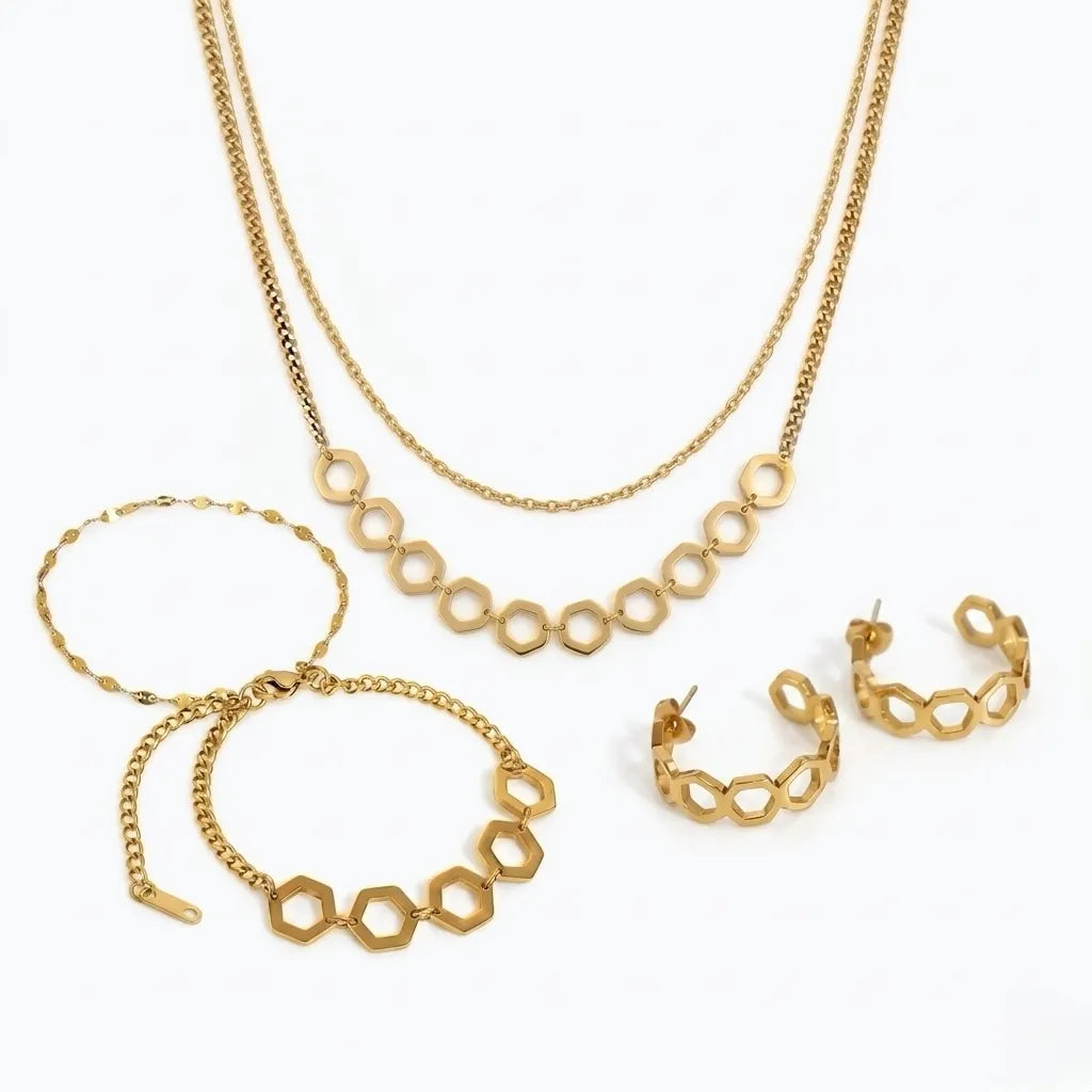 Hexagon geometric jewelry set, 18K gold PVD waterproof necklace, bracelet, and hoop earrings