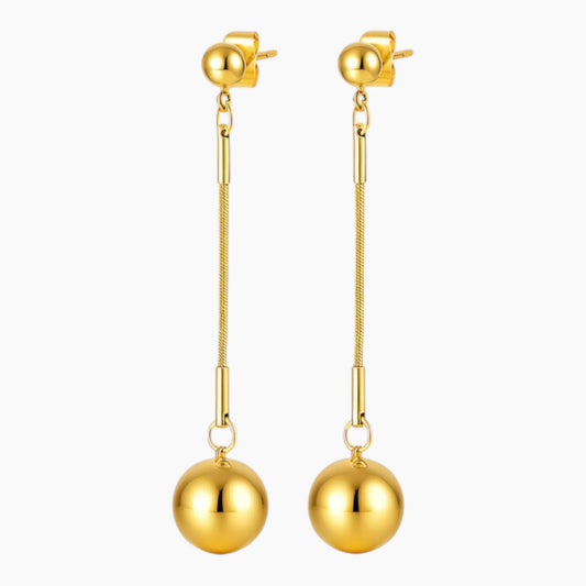 Gold earrings with spherical pendants on a white background