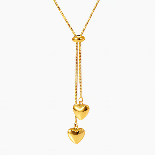Double Heart Lariat Necklace 18K Gold PVD Waterproof