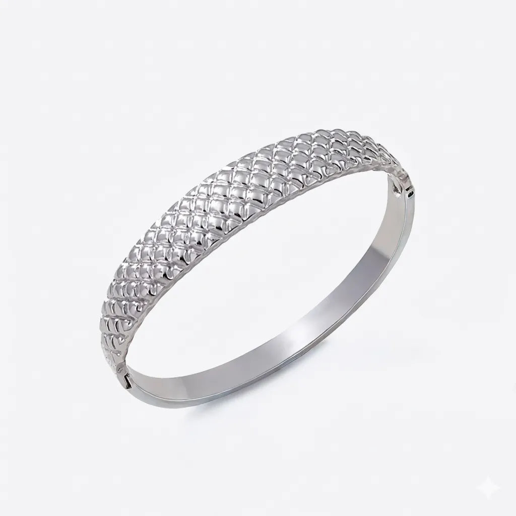 Lumière quilted statement bangle, silver PVD waterproof stainless steel bracelet