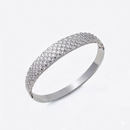 Lumière quilted statement bangle, silver PVD waterproof stainless steel bracelet