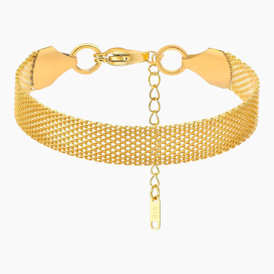 Gold bracelet with a mesh chain and tag on a white background
