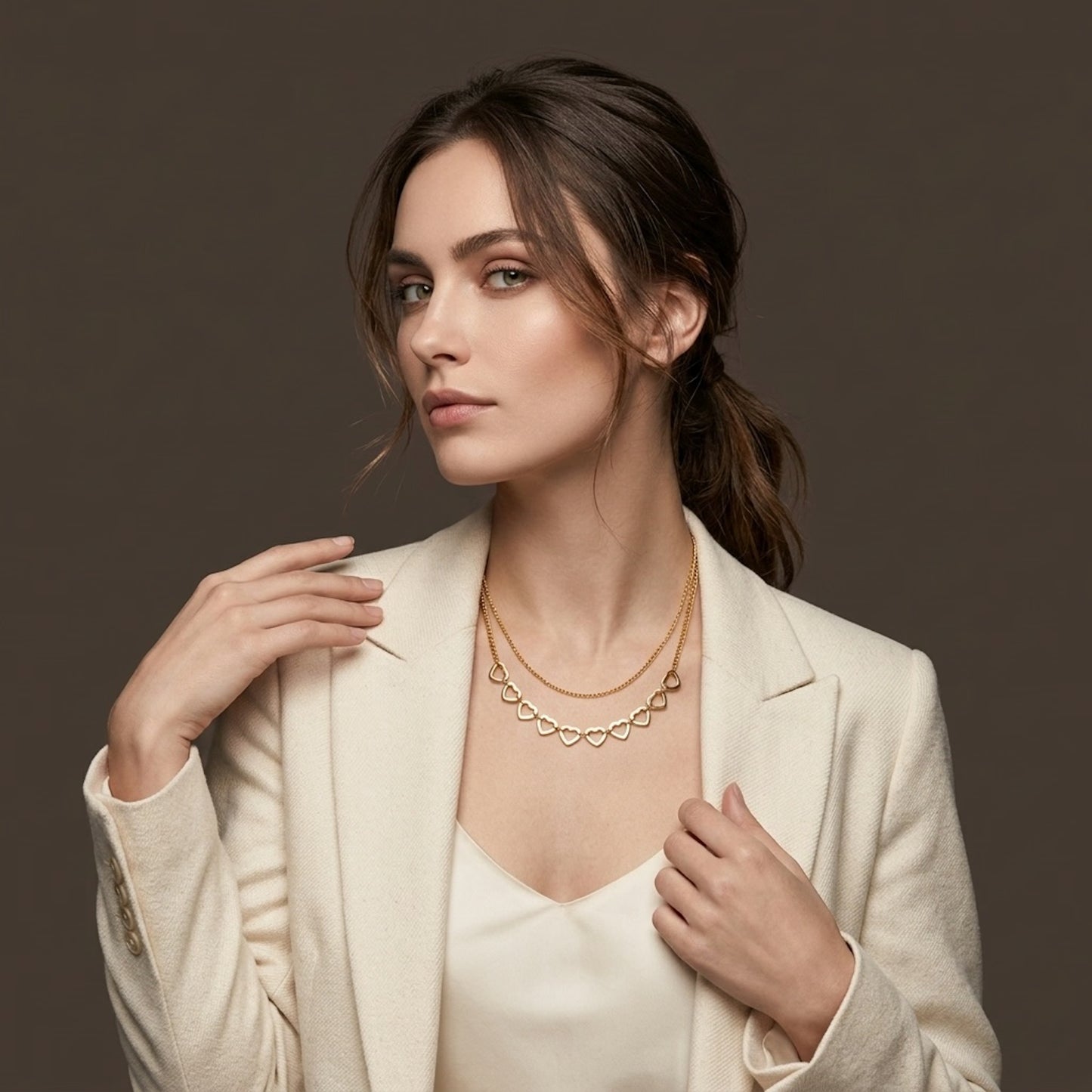 Forever Lovers Double Layered Heart Necklace 18K Gold Finish PVD Waterproof