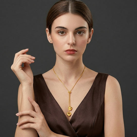 Double Heart Lariat Necklace 18K Gold PVD Waterproof