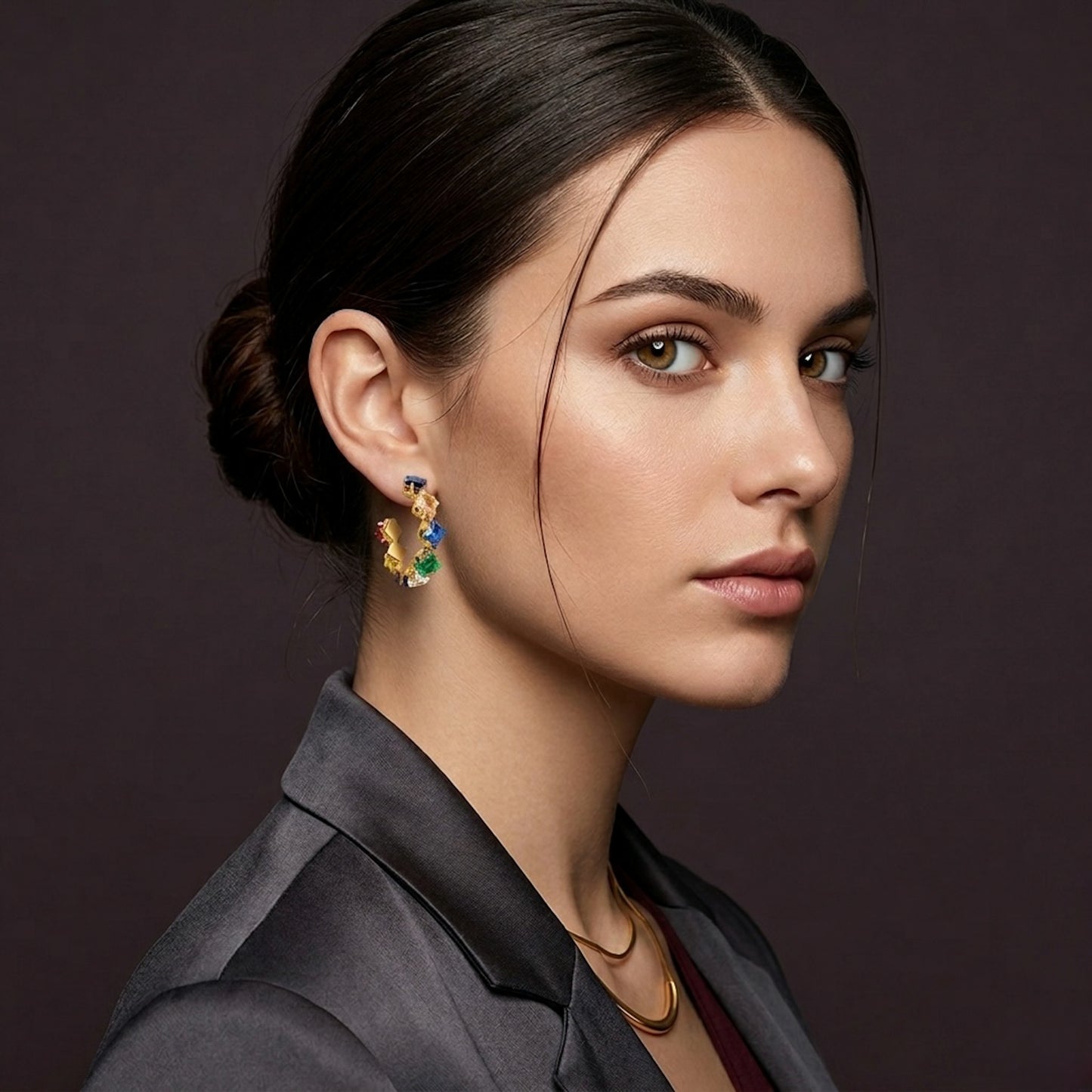 Multicolor Cubic Zirconia Hoop Earrings Waterproof 18K PVD Gold Finish