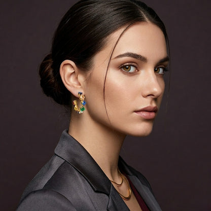 Multicolor Cubic Zirconia Hoop Earrings Waterproof 18K PVD Gold Finish