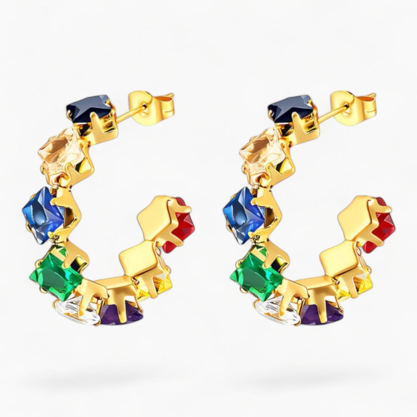 Multicolor Cubic Zirconia Hoop Earrings Waterproof 18K PVD Gold Finish