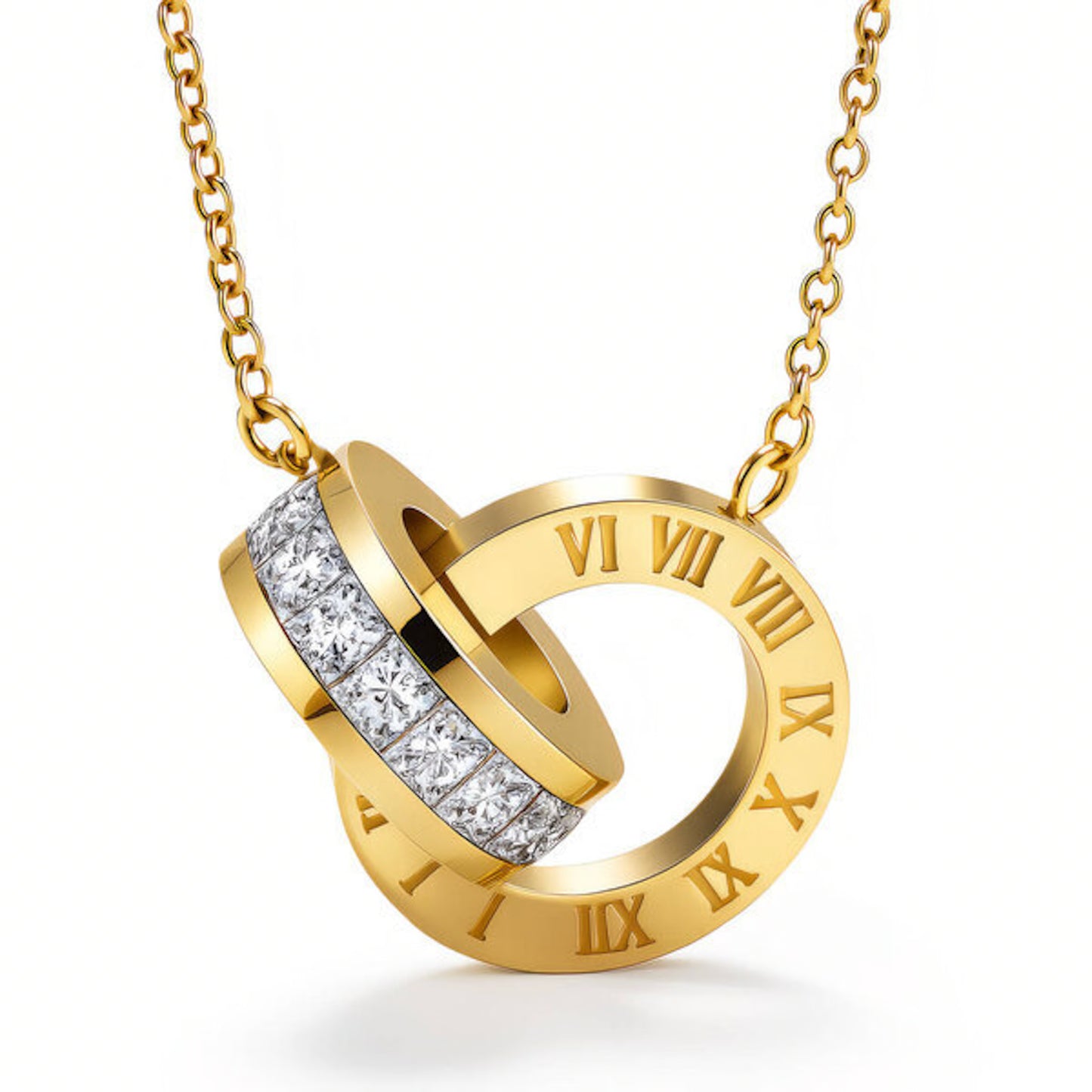 Roman Numeral Double Ring Crystal Necklace Waterproof 18K PVD