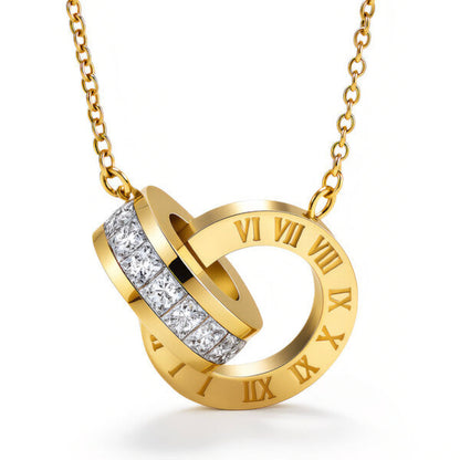 Roman Numeral Double Ring Crystal Necklace Waterproof 18K PVD