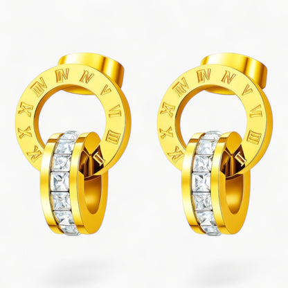 Roman Numeral Crystal Stud Earrings 18K Gold Hypoallergenic PVD
