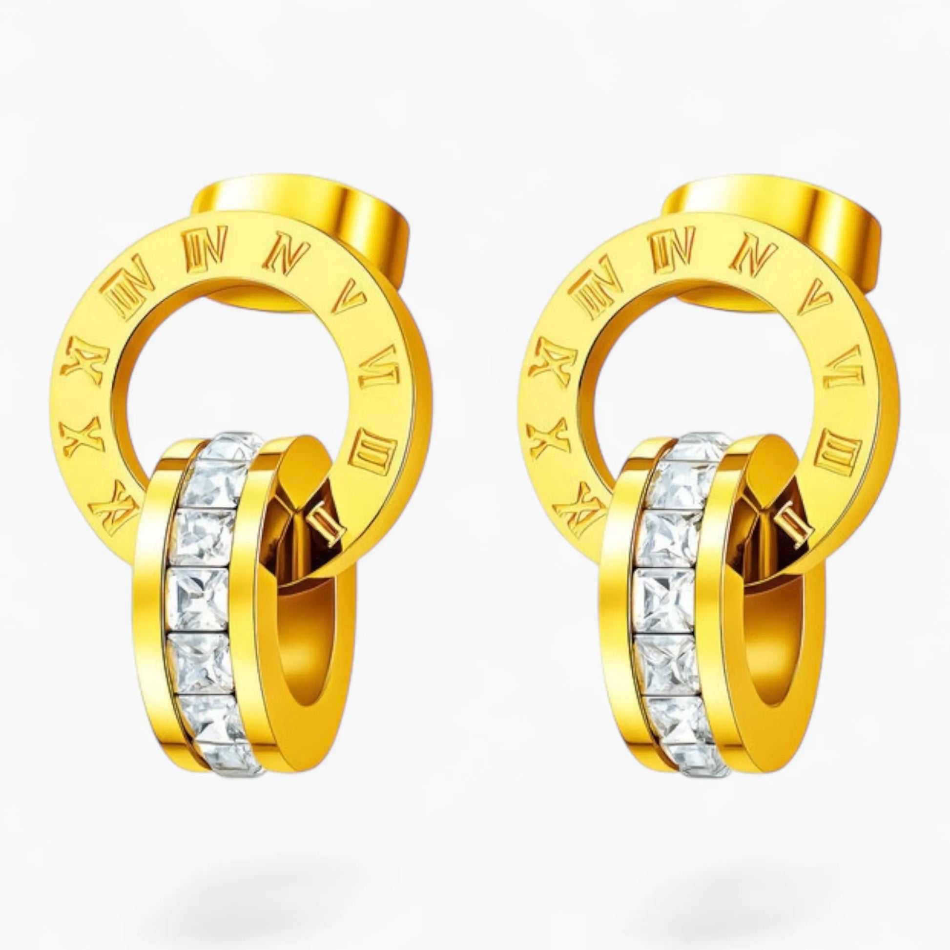 Gold hoop earrings with diamond accents on a white background