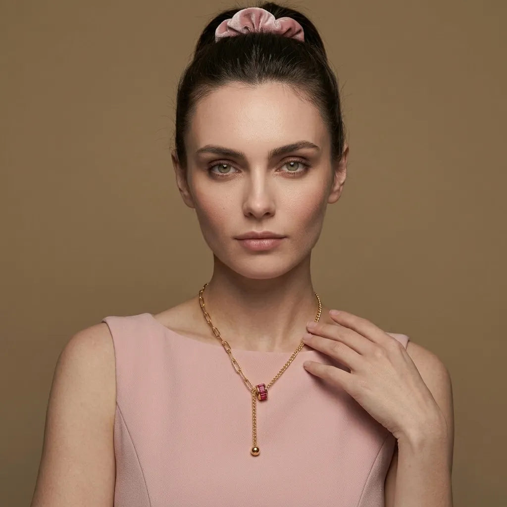 Woman wearing an 18K gold PVD waterproof cascade necklace by Raline Bergemann, Switzerland