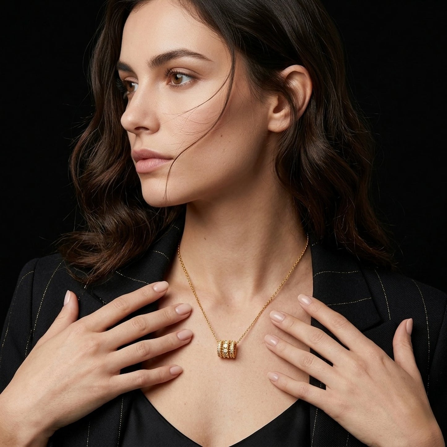 Triple Band Crystal Barrel Pendant 18K Gold PVD Necklace
