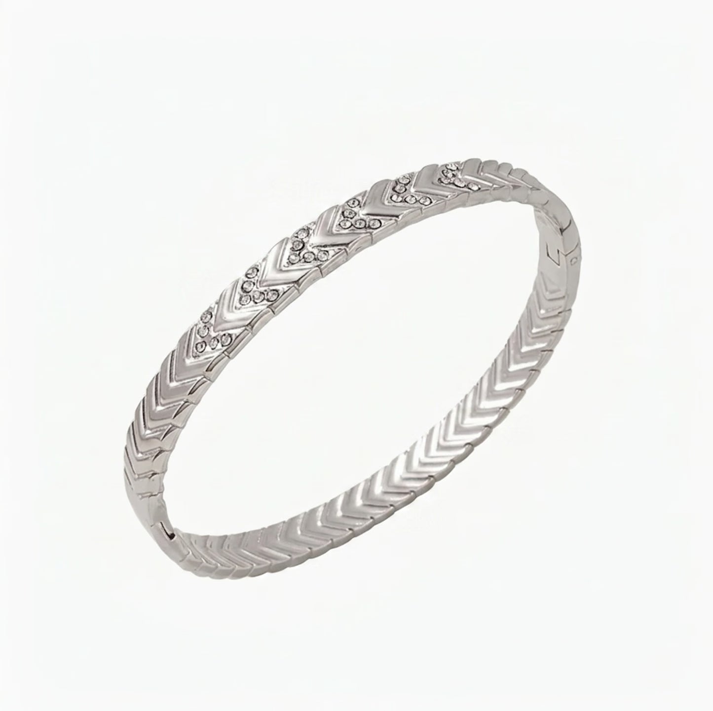 Silver bracelet with letter V design on a white background