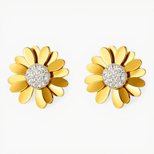 Daisy Flower Crystal Stud Earrings 18K Gold PVD Waterproof
